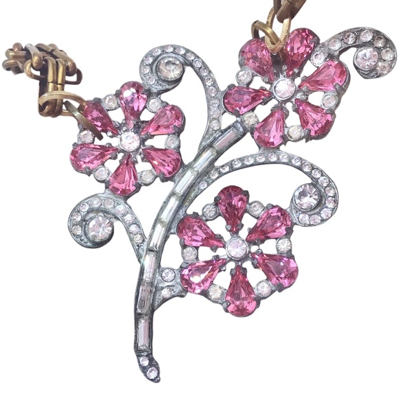 Vintage Pink Rhinestone Flower Necklace, Art Deco Floral Statement Jewelry - Picture 13 of 16